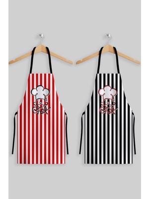 Mediterian Kırmızı Siyah Çizgili Geniş Ebat Mutfak Önlükleri Çiftli Set
