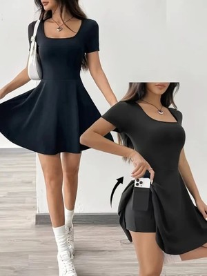 Defy Moda Kadın Kısa Kollu Kare Yaka Short Detaylı Cepli Dalgıç Elbise