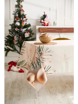 Mediterian Yılbaşı Krem Masa Örtüsü 135x240, Şık ve Zarif Dekorasyon İçin Mükemmel Seçim
