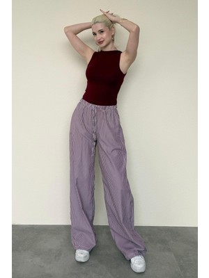 Bordo Beli Ayarlanabilir Bol Paça Dökümlü Çizgili Pantolon MG2087