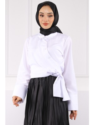 İmaj Butik Beyaz Bel Bağlamalı Crop Gömlek
