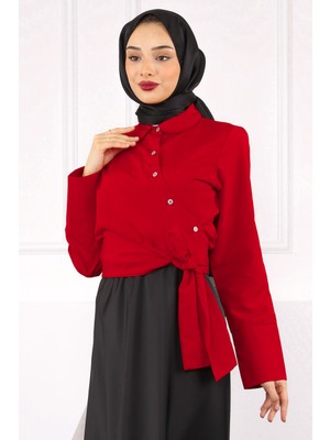 İmaj Butik Kırmızı Bel Bağlamalı Crop Gömlek