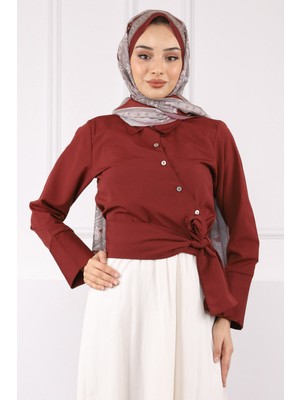 İmaj Butik Bordo Bel Bağlamalı Crop Gömlek