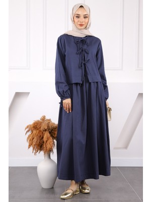 İmaj Butik Lacivert Ön Bağlamalı Ceket Etekli Gabardin Takım