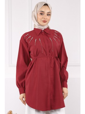 İmaj Butik Bordo Önü Taşlı Modal Tunik