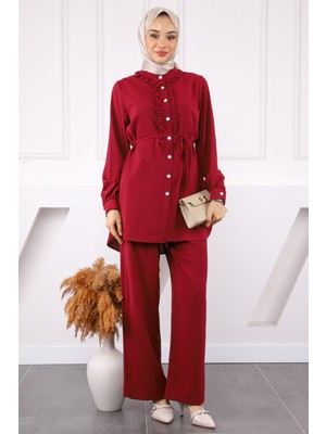 İmaj Butik Bordo Önü Fırfırlı Tunik Pantolonlu Linda Takım