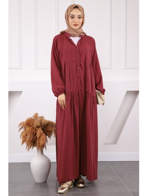 İmaj Butik Bordo Yarım Düğmeli Eteği Katlı Modal Elbise