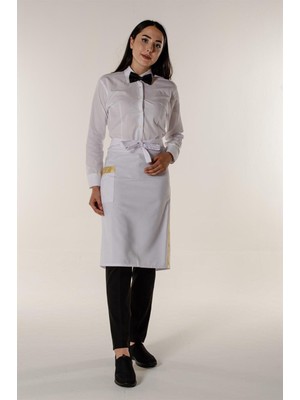 Mediterian Yarım Bel Mutfak Önlüğü, Sarı Sim Şeritli, Şık ve Rahat Kullanım, Kumaş, Beyaz