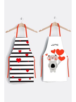 Mediterian Kalpli Mutfak Önlüğü Seti, Sevgiliye Özel, Beyaz ve Kırmızı, 50x70, Kumaş