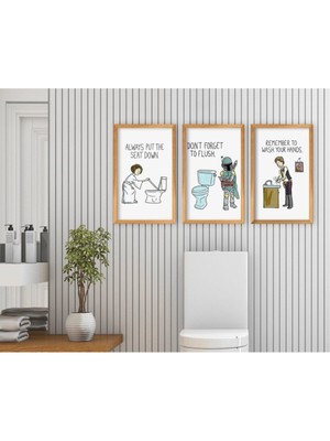 Home Tuvalet 3'lü El Yapımı Ahşap Çerçeveli Tablo-7