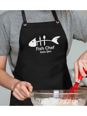 Mediterian Kişiye Özel Siyah Balık Şef Profesyonel Önlük, Aşçı ve Şefler İçin Mükemmel Hediye