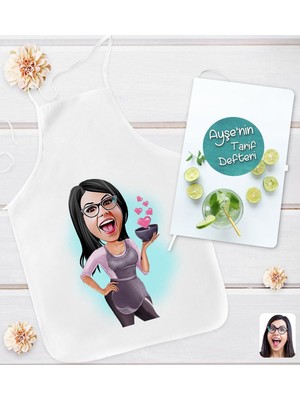 Mediterian Kişiye özel karikatürlü anne tasarımlı mutfak önlüğü ve tarif defteri seti