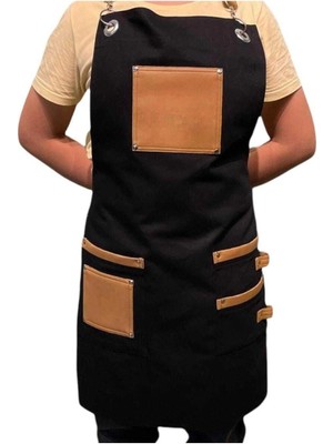 Mediterian Şık Deri Cep Detaylı Yeni Sezon Trend Önlük, 75x55, Siyah-Kahve, Pamuklu