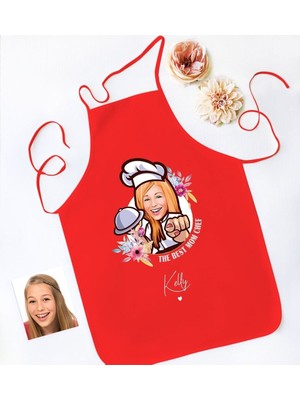 Mediterian Kişiye Özel Karikatürlü Anneler Günü Kırmızı Mutfak Önlüğü 55x75cm
