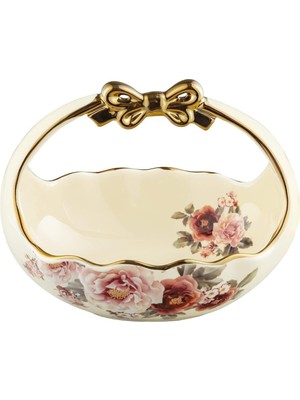 Fanquare Vintage Seramik Meyve Sepeti, 19 cm, Dalgalı Kenarlı, Altın Saplı Seramik Kase