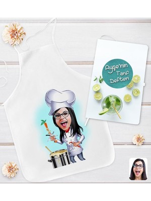 Mediterian Kişiye Özel Karikatürlü Mutfak Önlüğü ve Tarif Defteri Seti, Renkli ve Şık Tasarım