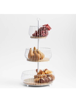 Cora Beyaz ve Ahşap 3 Katlı Meyve Sepeti, Şık ve Fonksiyonel Tasarım