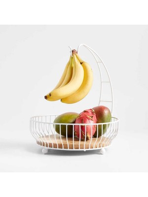 Cora Beyaz ve Ahşap Meyve Sepeti Muz Askılı, Şık ve Fonksiyonel