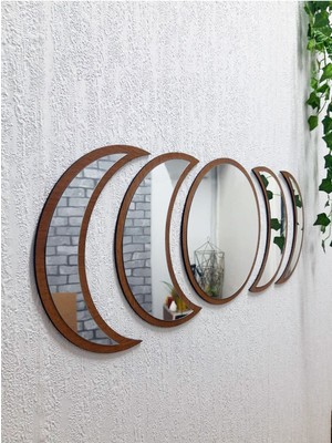 Ay Evresi Duvar Ayna Seti 5 Parçalı – Ceviz Mdf ve Pleksi Ayna