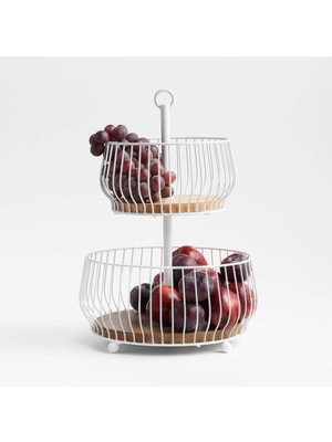 Cora Beyaz ve Ahşap 2 Katlı Meyve Sepeti, Şık ve Fonksiyonel Tasarım