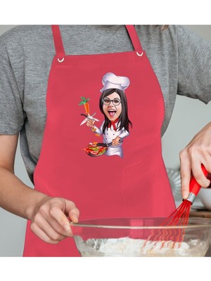 Mediterian Kişiye Özel Kadın Chef Karikatürlü Pembe Mutfak Önlüğü, Pamuk Polyester Malzeme