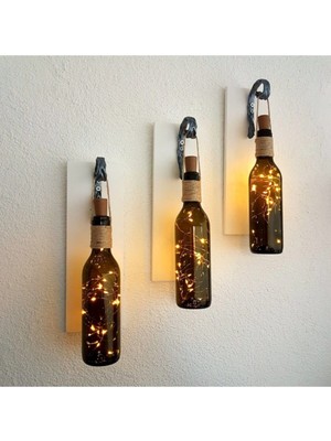 Dekoratif LED Işıklı, Retro Yeşil Şişeli Beyaz Renkli Duvar Dekor, Üçlü Set