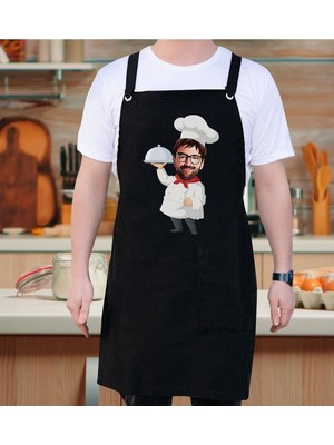 Mediterian Kişiye Özel Siyah Mutfak Şef Önlüğü, Aşçı Tasarımı, 77x150 cm