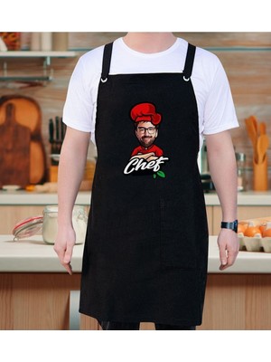 Mediterian Kişiye Özel Karikatürlü Siyah Mutfak Önlüğü, 77x150 cm, Renkli Tasarım