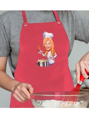 Mediterian Kişiye Özel Kadın Chef Karikatürlü Pembe Mutfak Önlüğü, Pamuk Polyester Malzeme