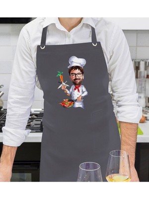 Mediterian Kişiye Özel Erkek Aşçı Karikatürlü Antrasit Mutfak Önlüğü 77x150 cm Siyah