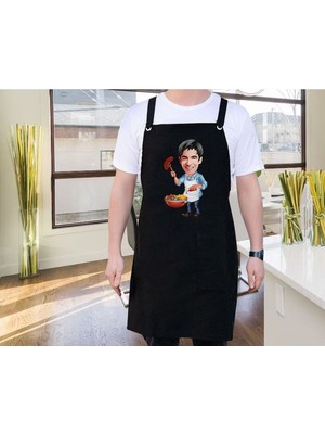 Mediterian Kişiye Özel Erkek Chef Karikatürlü Siyah Mutfak Önlüğü, 77x150 cm, Pamuk Polyester