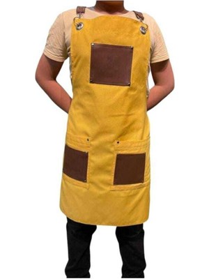 Mediterian Boyundan Askılı Şef Önlüğü, Sarı ve Kahve, Deri Detaylı, Pamuk, 75x55 cm