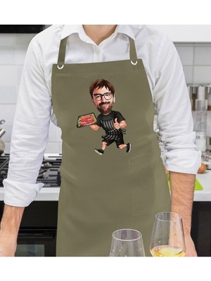 Mediterian Kişiye Özel Haki Yeşil Mutfak Önlüğü, Aşçı ve Şefler İçin, 77x150 cm