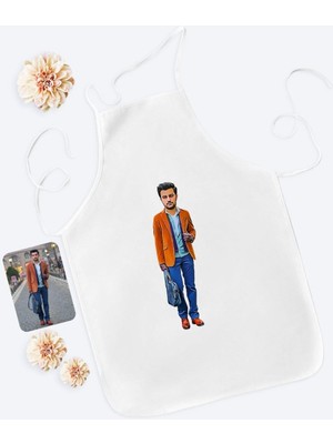 Mediterian Kişiye Özel Erkek Karikatürlü Beyaz Pamuk Mutfak Önlüğü, Renkli Tasarım