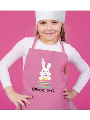 Mediterian Çocuklar için Paskalya temalı şık pembe mutfak önlüğü, renkli ve yumuşak kumaş materyali