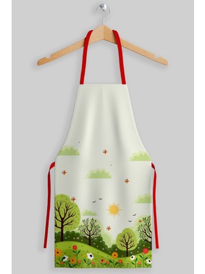 Mediterian İlkbahar desenli şık ve kullanışlı yetişkin mutfak önlüğü, yeşil renk, polyester, 55x70