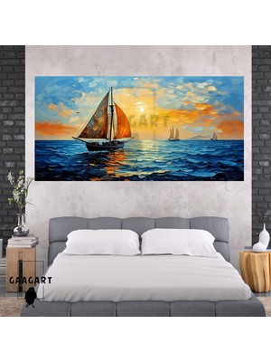 Panoramik Kanvas Duvar Tablosu Soyut Yağlı Boya Görünümlü Gün Batımı Yelkenli