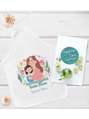 Mediterian Anneler Günü için Kişiye Özel Mutfak Seti, Önlük ve Tarif Defteri, Beyaz, Renkli