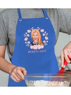 Mediterian Kişiye Özel Mavi Mutfak Önlüğü, Renkli, Eğlenceli ve Şık Tasarım, Keten Malzeme