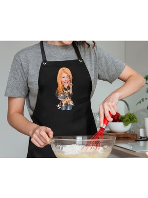 Mediterian Kişiye Özel Kadın Chef Karikatürlü Siyah Mutfak Önlüğü 77x150 cm, Pamuk Polyester