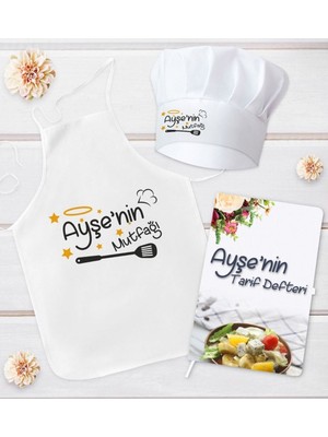 Mediterian Kişiye özel mutfak seti, önlük, şapka ve tarif defteri, renkli ve şık tasarım, 30x22