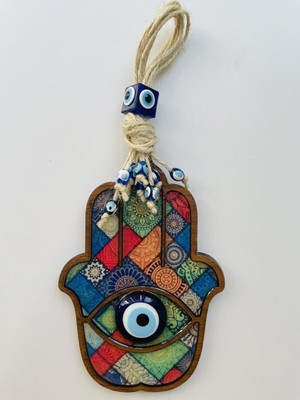 Nazar Boncuklu, Fatmanın Eli Şeklinde Ahşap Hediyelik Duvar Süsü 24CM