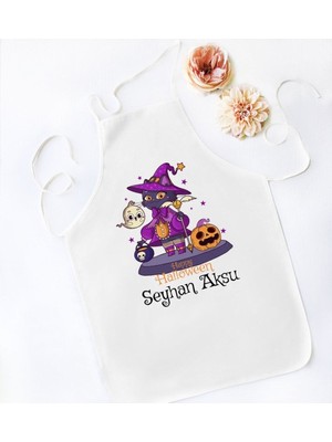 Mediterian Kişiye Özel Renkli Halloween Temalı Beyaz Pamuk Mutfak Önlüğü, 10'lu Set