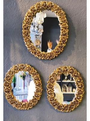 Dekoratif 3'lü Duvar Aynası Bronz Renk Çiçek Desenli Polyester Ayna Takımı Seti