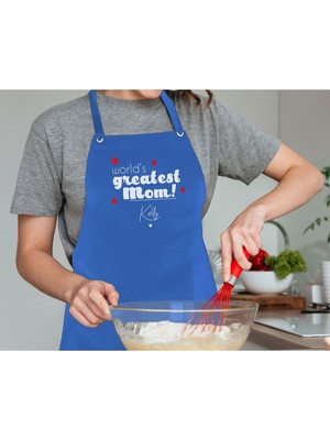 Mediterian Kişiye Özel Mavi Mutfak Önlüğü, Anneler Günü Temalı, Şef Tasarımı, Keten, 55x75 cm
