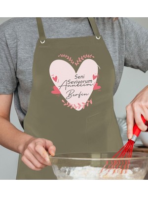 Mediterian Kişiye özel renkli mutfak önlüğü, haki keten, yeşil tasarım, tek ebat