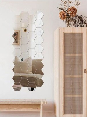 Bal Peteği Gümüş Dekoratif Altıgen 12 Adet Süs Akrilik Ayna 11X12,5CM Duvar Pleksi Yapışkan Banwpı