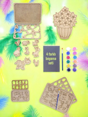 Sharp & Art Ev-Okul Etkinliği Ahşap Puzzle 4'lü Boyama Seti, 12 Renk Boya ve Fırça Ile...