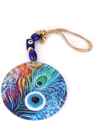 Füzyon Cam Tavus Kuşu Tüyü Desenli 12X12 cm Nazar Boncuklu 12X30 cm El Yapımı Duvar Süsü Nazarlık