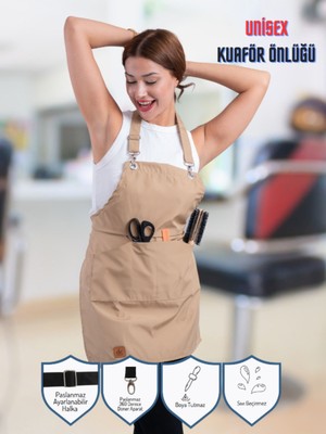 Mediterian Su geçirmez ve ayarlanabilir bej kuaför önlüğü, paslanmaz polyester malzeme